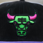 Close up of the Bulls logo on the Chicago Bulls “NBA Day 5” Bel Air 5s Matching Snapback Hat | Snapback to match Bel Air 5s