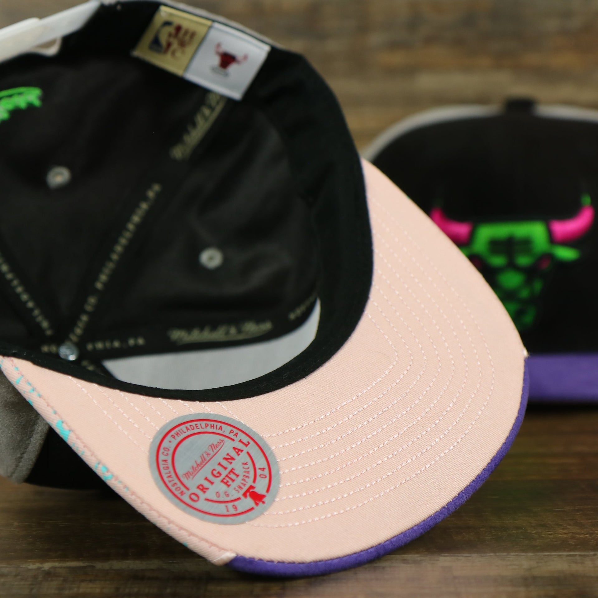 Light pink under visor of the Chicago Bulls “NBA Day 5” Bel Air 5s Matching Snapback Hat | Snapback to match Bel Air 5s