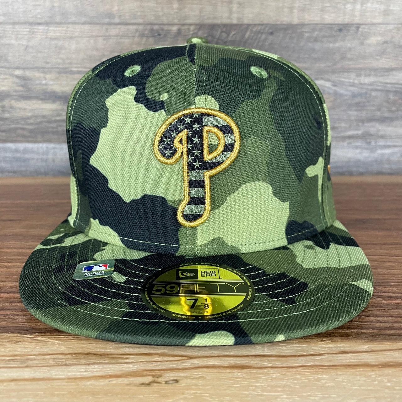 The front of the Philadelphia Phillies 2022 Armed Forces Day / Memorial Day Side Patch 59Fifty Fitted Cap