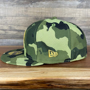 The wearer's left on the Philadelphia Phillies 2022 Armed Forces Day / Memorial Day Side Patch 59Fifty Fitted Cap