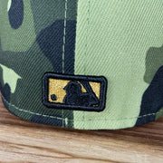 A close up of the MLB Batterman on the New York Yankees 2022 Armed Forces Day / Memorial Day Side Patch 59Fifty Fitted Cap | Camo