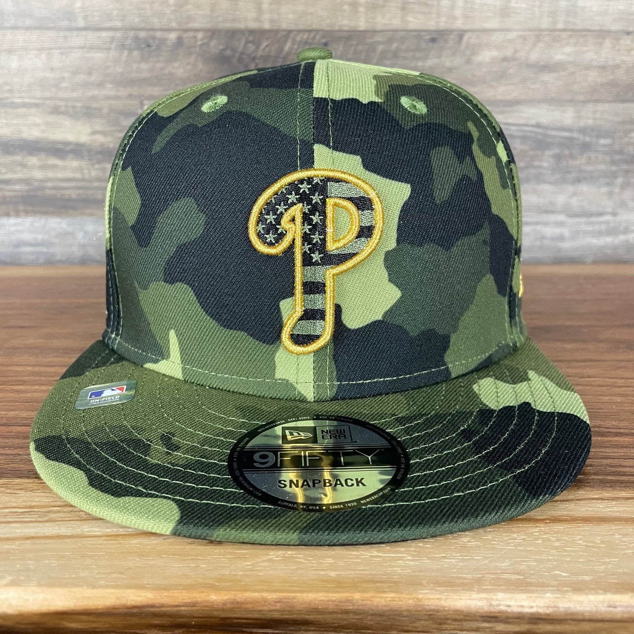 The front of the Philadelphia Phillies 2022 Armed Forces Day / Memorial Day Side Patch 9Fifty Snapback