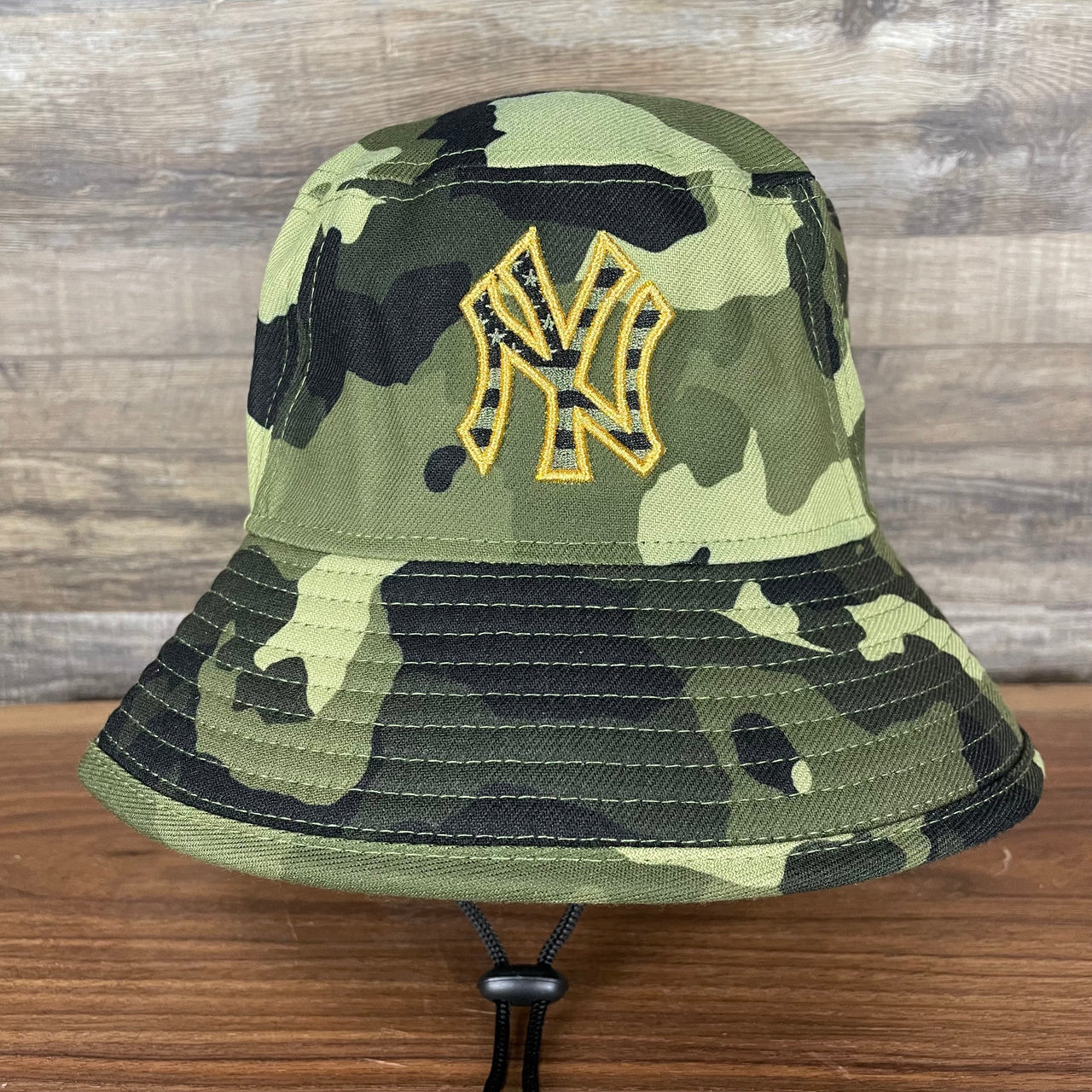 The front of the New York Yankees 2022 Armed Forces Day / Memorial Day Side Patch Boonie Bucket Hat