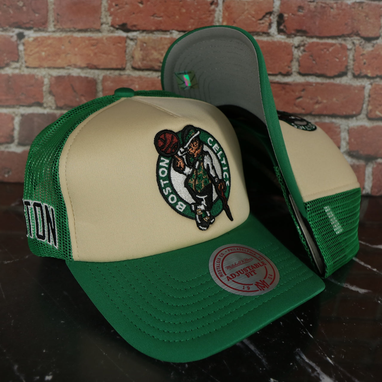 Boston Celtics Vintage "Boston" wordmark grey Bottom 2-Tone Foam Trucker Hat | Green/Off-White Mitchell and Ness Hat