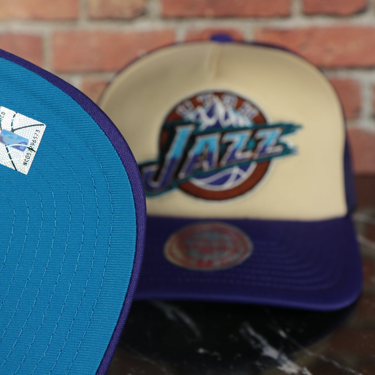 Utah Jazz Vintage "Jazz" wordmark blue Bottom 2-Tone Foam Trucker Hat | Purple/Off-White Mitchell and Ness Hat