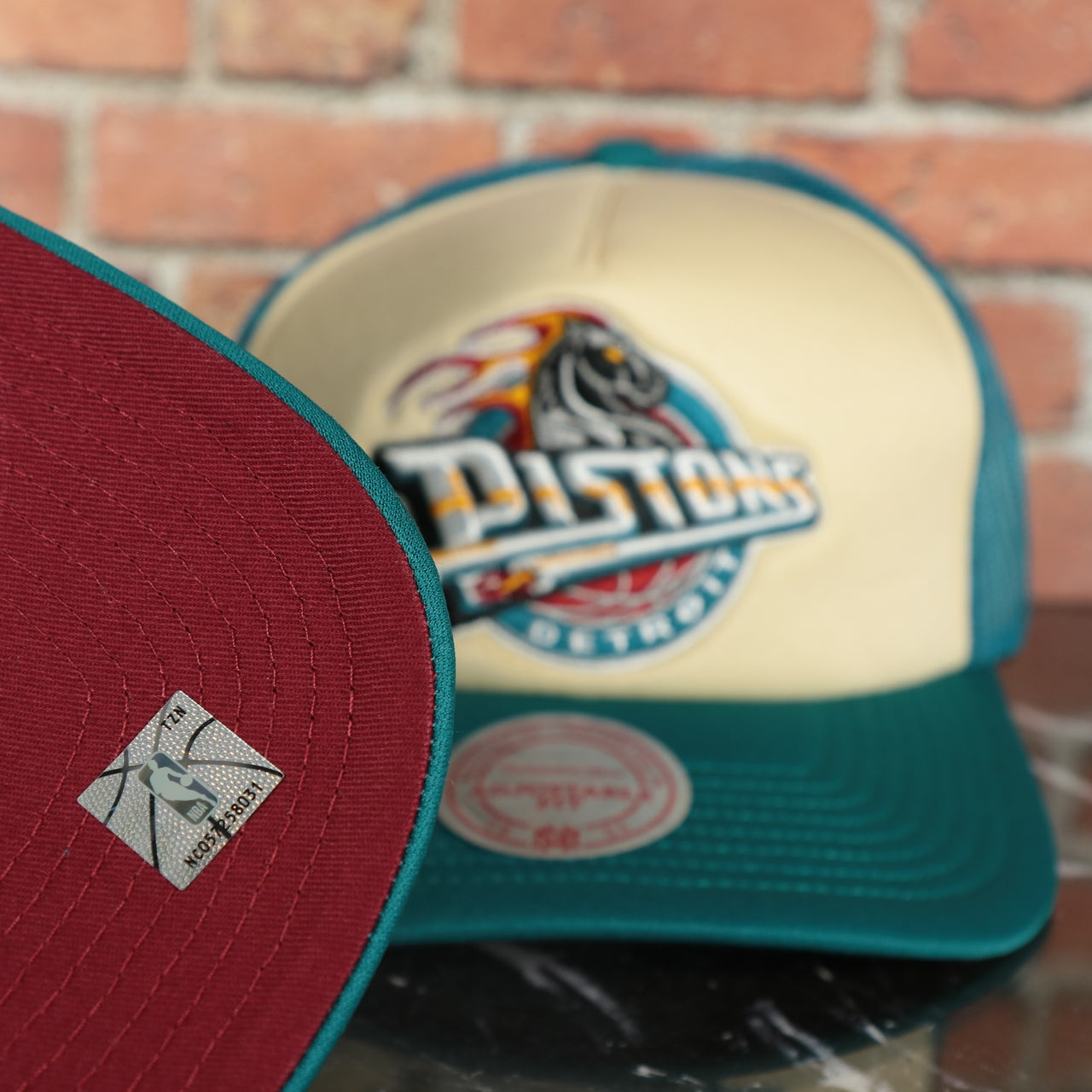 Detroit Pistons Vintage Red Bottom 2-Tone Foam Trucker Hat | Teal/Off-White Mitchell and Ness Hat