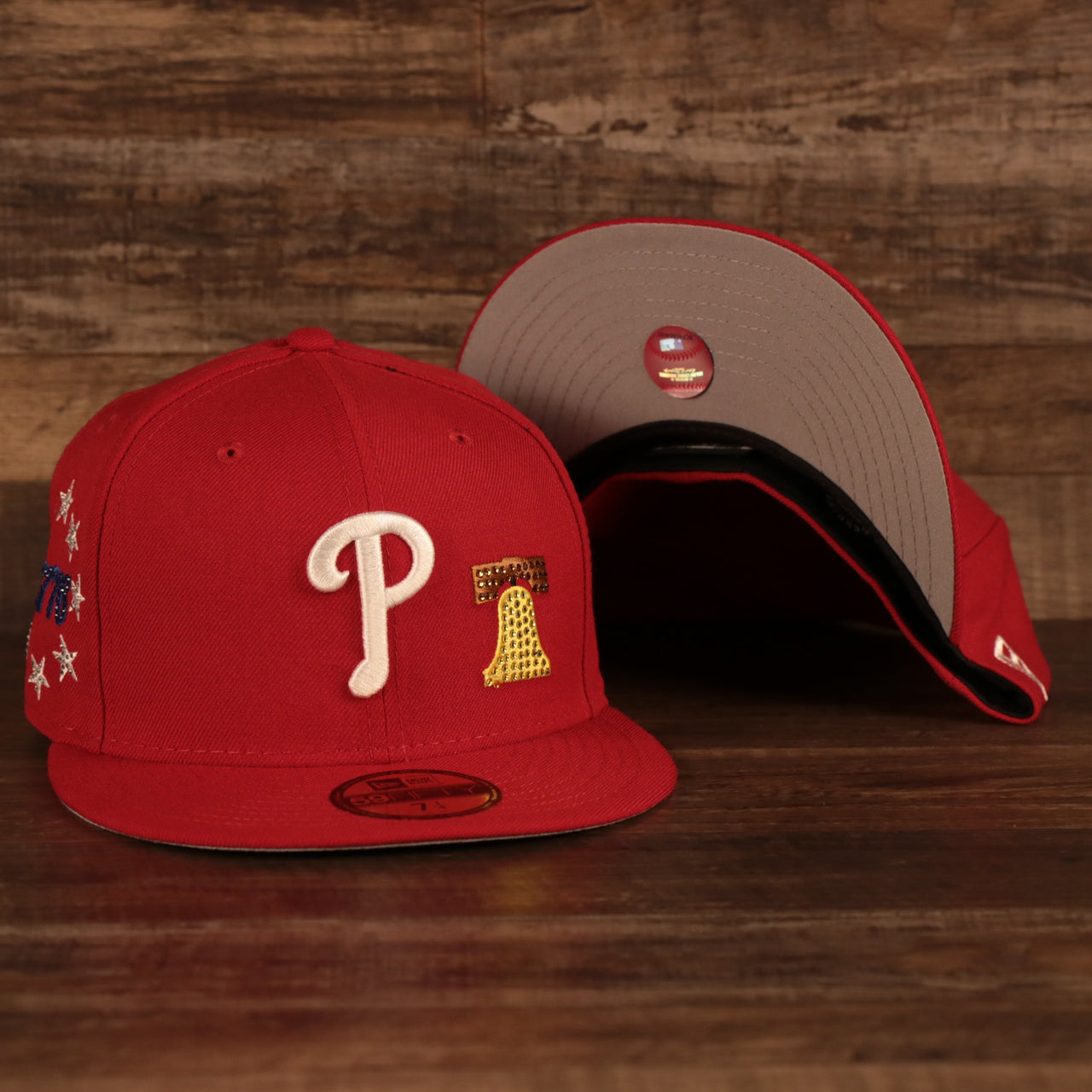 Philadelphia Phillies Iced Out Side Patch Bell 1776 Gray Bottom 59Fifty Fitted Cap