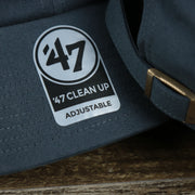 The 47 Brand Clean Up Sticker on the Cooperstown New York Yankees Cooperstown Collection Side Patch Leather Brown Undervisor Dad Hat | Vintage Navy Dad Hat