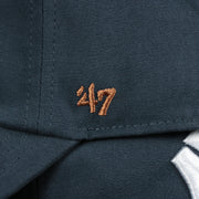 The 47 Brand Logo on the Cooperstown New York Yankees Cooperstown Collection Side Patch Leather Brown Undervisor Dad Hat | Vintage Navy Dad Hat