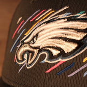 Close up of Philadelphia Eagles logo on the front of the Philadelphia Eagles NFL 2021 Crucial Catch Cancer Awareness 39Thirty Stretch Fit Cap
