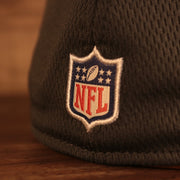 Close up of the NFL shield on the Pittsburgh Steelers NFL 2021 Crucial Catch Cancer Awareness 39Thirty Stretch Fit Cap
