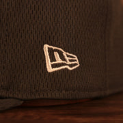 Close up of the New Era logo embroidered on the NFL Shield 2021 Crucial Catch Breast Cancer Awareness 9Fifty Snapback Hat