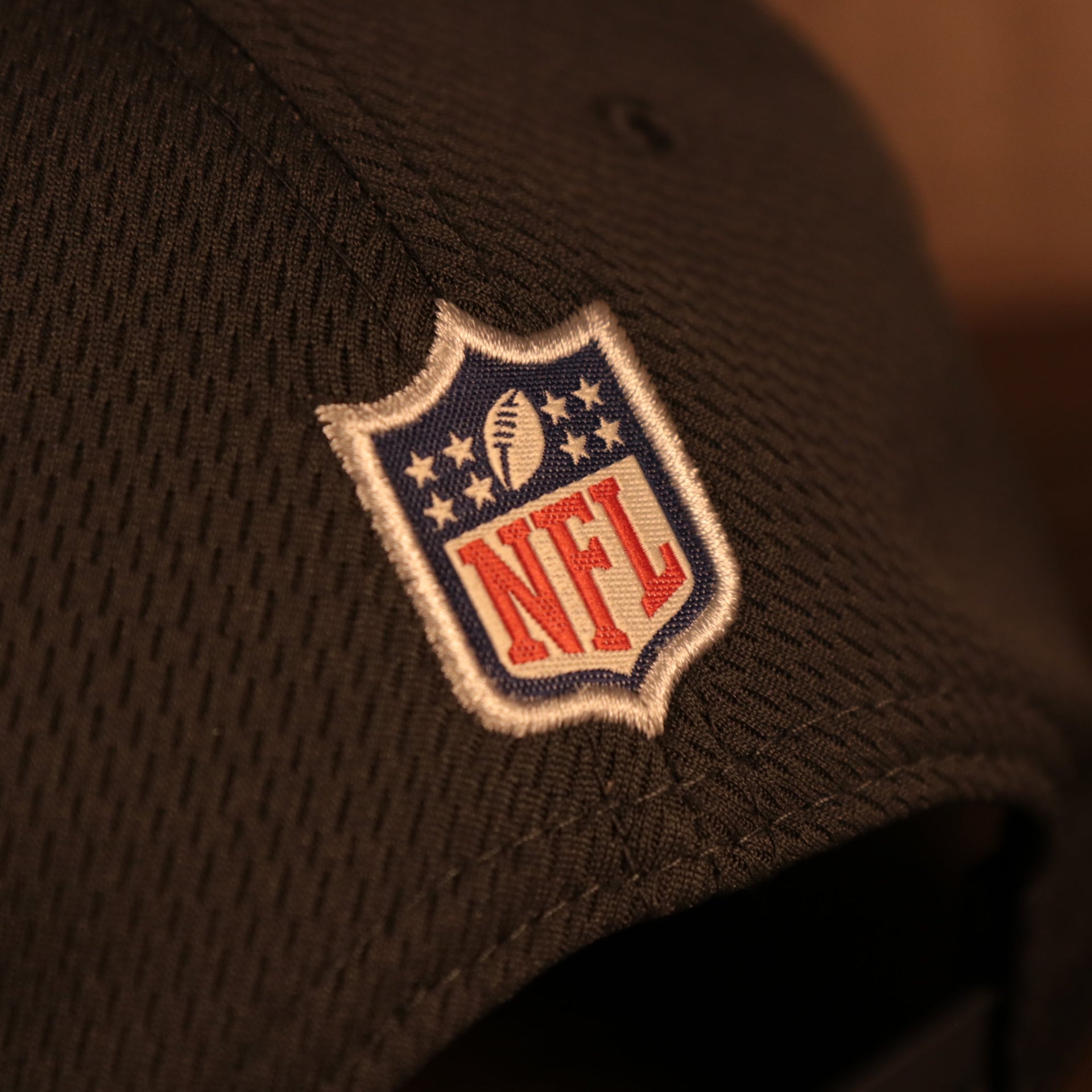 Close up of the NFL shield on the NFL Shield 2021 Crucial Catch Breast Cancer Awareness 9Fifty Snapback Hat
