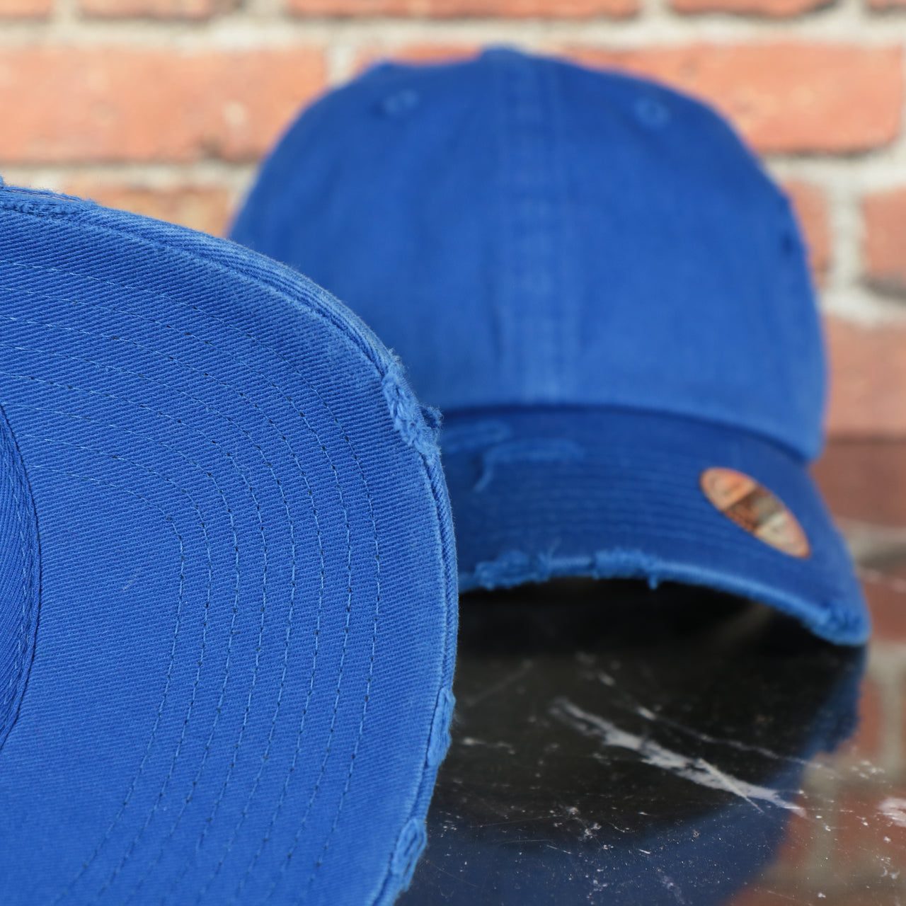 Sapphire Blue Bent Brim Blank Distressed Baseball Hat | Royal Blue Dad Hat