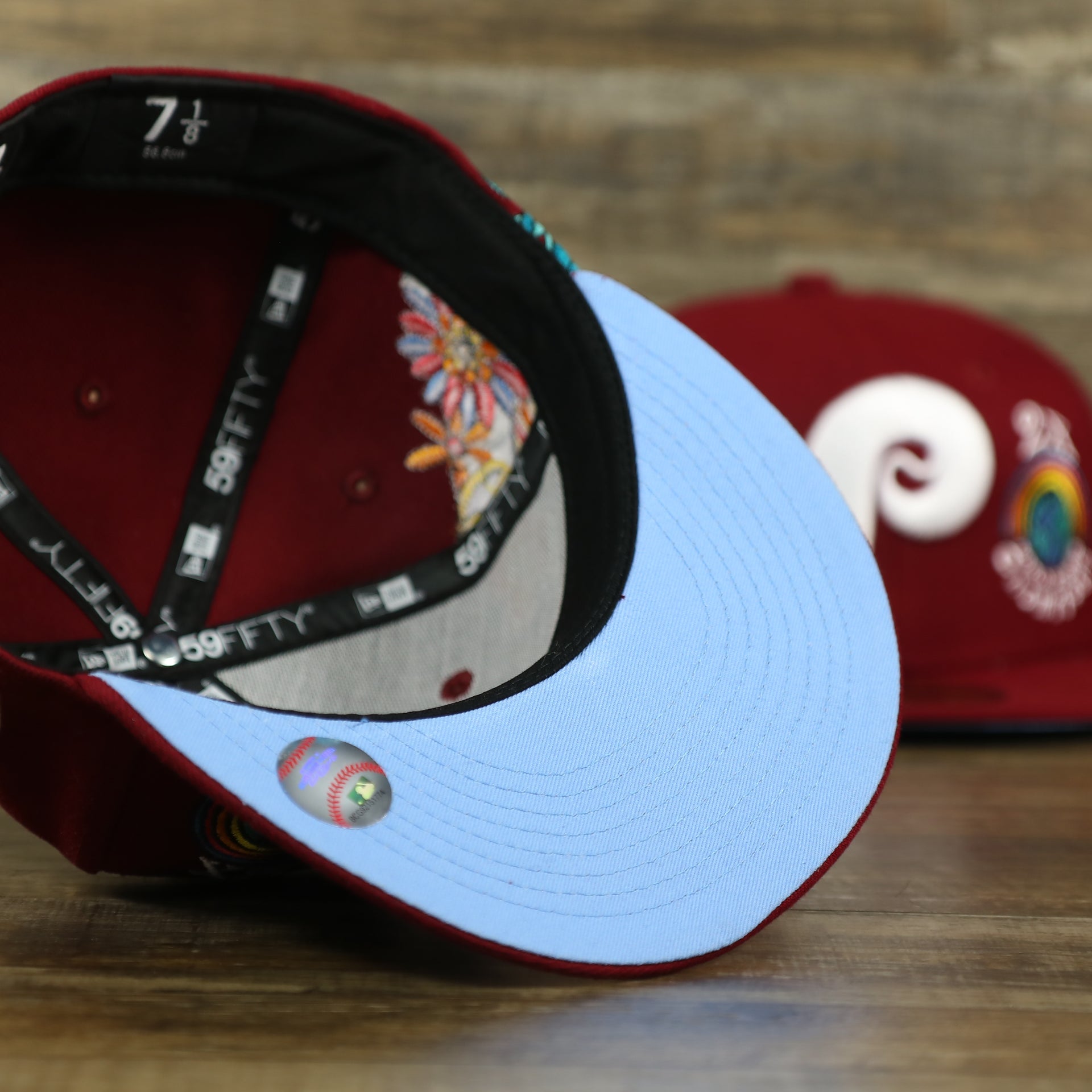 sky blue undervisor on the Philadelphia Phillies Cooperstown Groovy World Series Champions Patch 59Fifty Fitted Cap | New Era Groovy Side Patch 5950