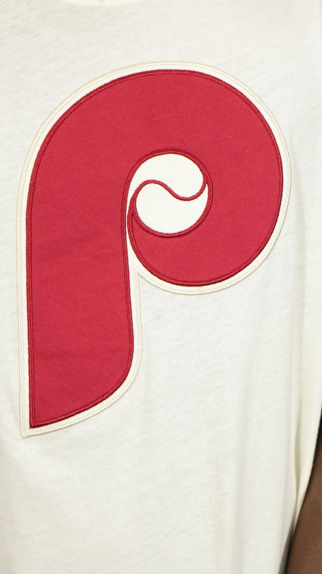 phillies logo on the Philadelphia Phillies Cooperstown 1970 logo Color Blocked Tee | Red/Cream T-shirt