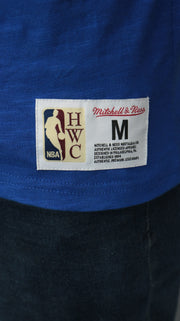nba label on the Philadelphia 76ers "Sixers" Wordmark Hardwood Classics Legendary Slub Tee | Royal T-shirt