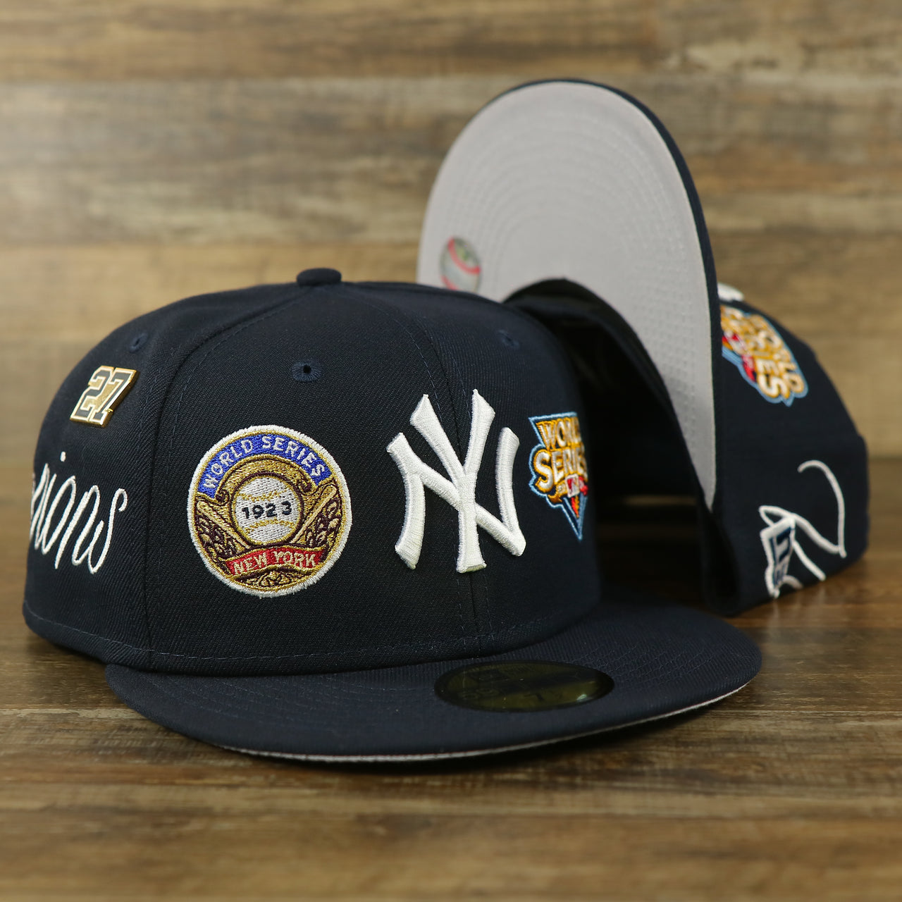 New York Yankees Cooperstown All Over Side Patch "Historic Champs" Gray UV 59Fifty Fitted Cap | Navy 59Fifty Fitted Cap