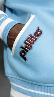 phillies wordmark on the Philadelphia Phillies Cooperstown Phillies City Hall Logo 1980 World Series Patch Retro Classic Rib | University Blue/White Wool Varsity Jacket