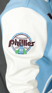 phillies city hall logo on the Philadelphia Phillies Cooperstown Phillies City Hall Logo 1980 World Series Patch Retro Classic Rib | University Blue/White Wool Varsity Jacket