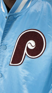 phillies logo on the Philadelphia Phillies Cooperstown Phillies City Hall Logo 1980 World Series Patch Retro Classic Rib | University Blue Satin Varsity Jacket