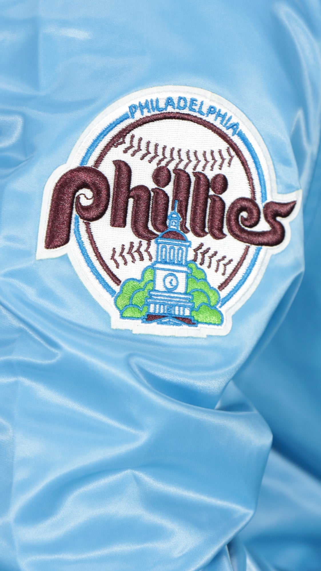 phillies city hall logo on the Philadelphia Phillies Cooperstown Phillies City Hall Logo 1980 World Series Patch Retro Classic Rib | University Blue Satin Varsity Jacket