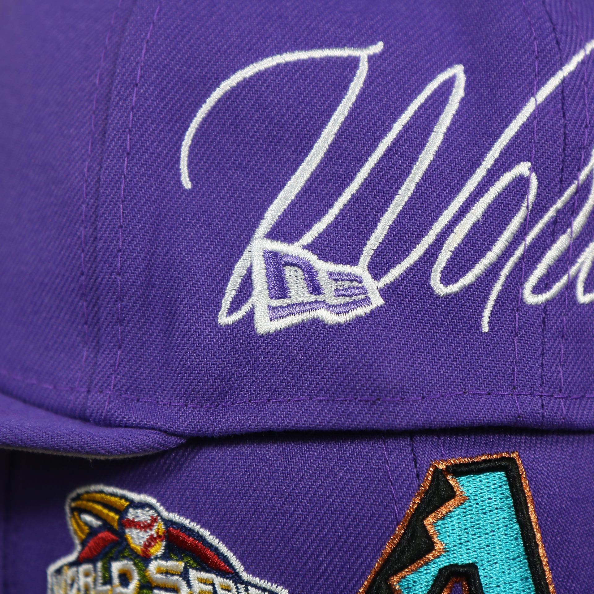 new era logo on the Arizona Diamondbacks Cooperstown All Over Side Patch "Historic Champs" Gray UV 59Fifty Fitted Cap | Purple 59Fifty Fitted Cap