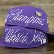 right and left wearer's side of the Arizona Diamondbacks Cooperstown All Over Side Patch "Historic Champs" Gray UV 59Fifty Fitted Cap | Purple 59Fifty Fitted Cap