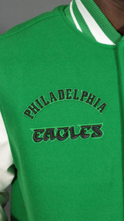 eagles script on the Philadelphia Eagles Retro NFL "Eagles" Script Retro Classic Rib | Kelly Green/White Wool Varsity Jacket