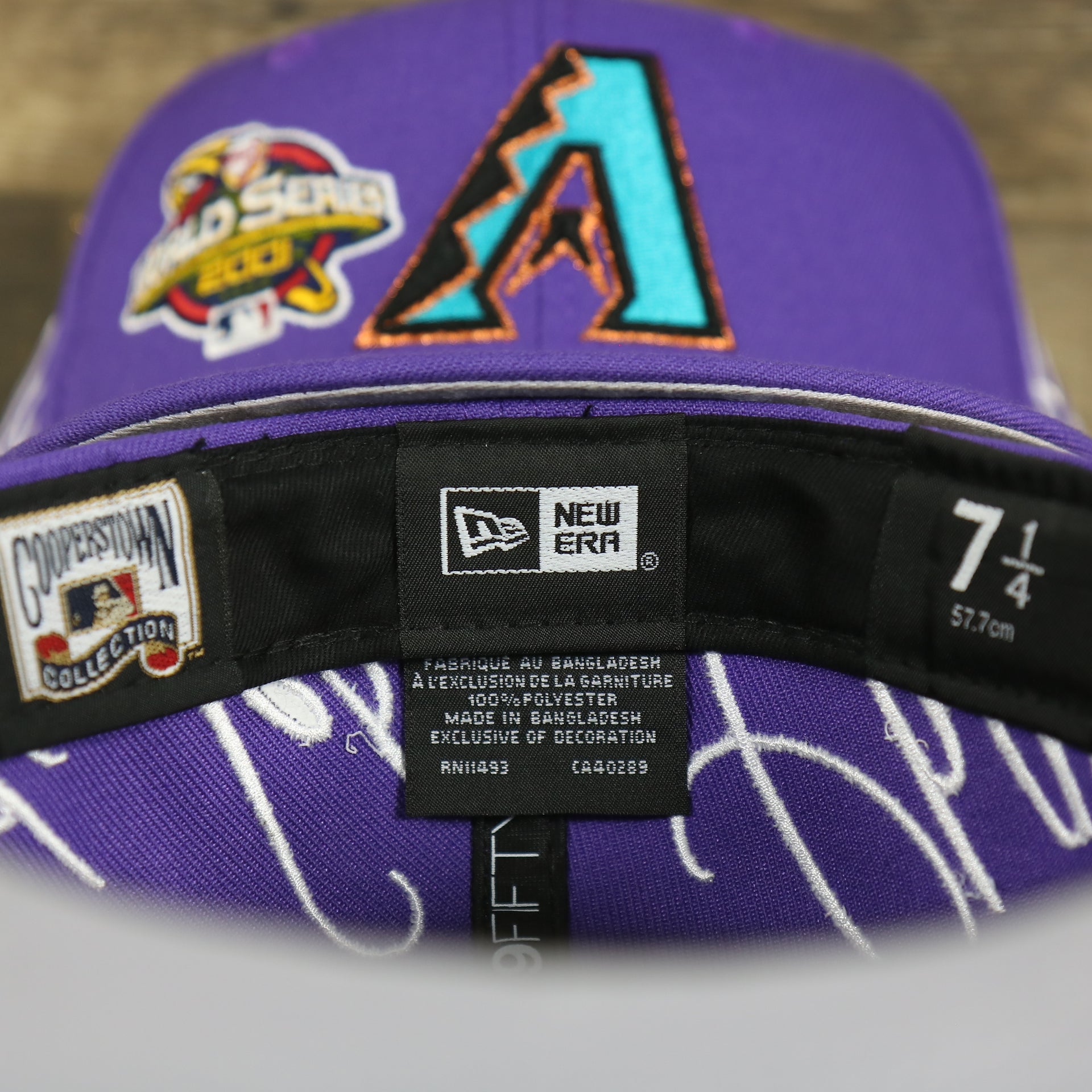 cooperstown and new era label on the Arizona Diamondbacks Cooperstown All Over Side Patch "Historic Champs" Gray UV 59Fifty Fitted Cap | Purple 59Fifty Fitted Cap