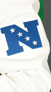 retro NFL logo on the Philadelphia Eagles Retro NFL "Eagles" Script Retro Classic Rib | Kelly Green/White Wool Varsity Jacket