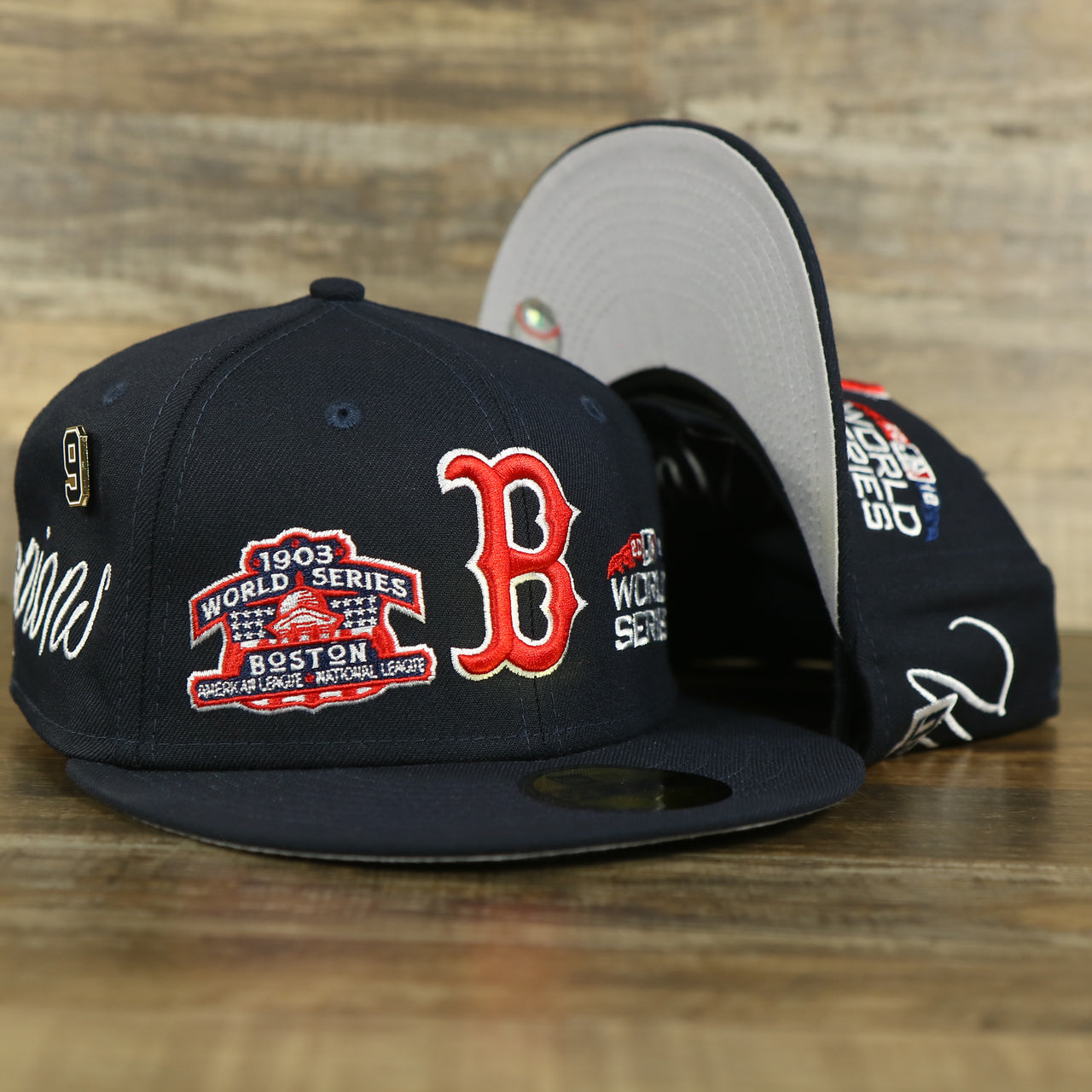 Boston Red Sox Cooperstown All Over Side Patch "Historic Champs" Gray UV 59Fifty Fitted Cap | Navy 59Fifty Fitted Cap
