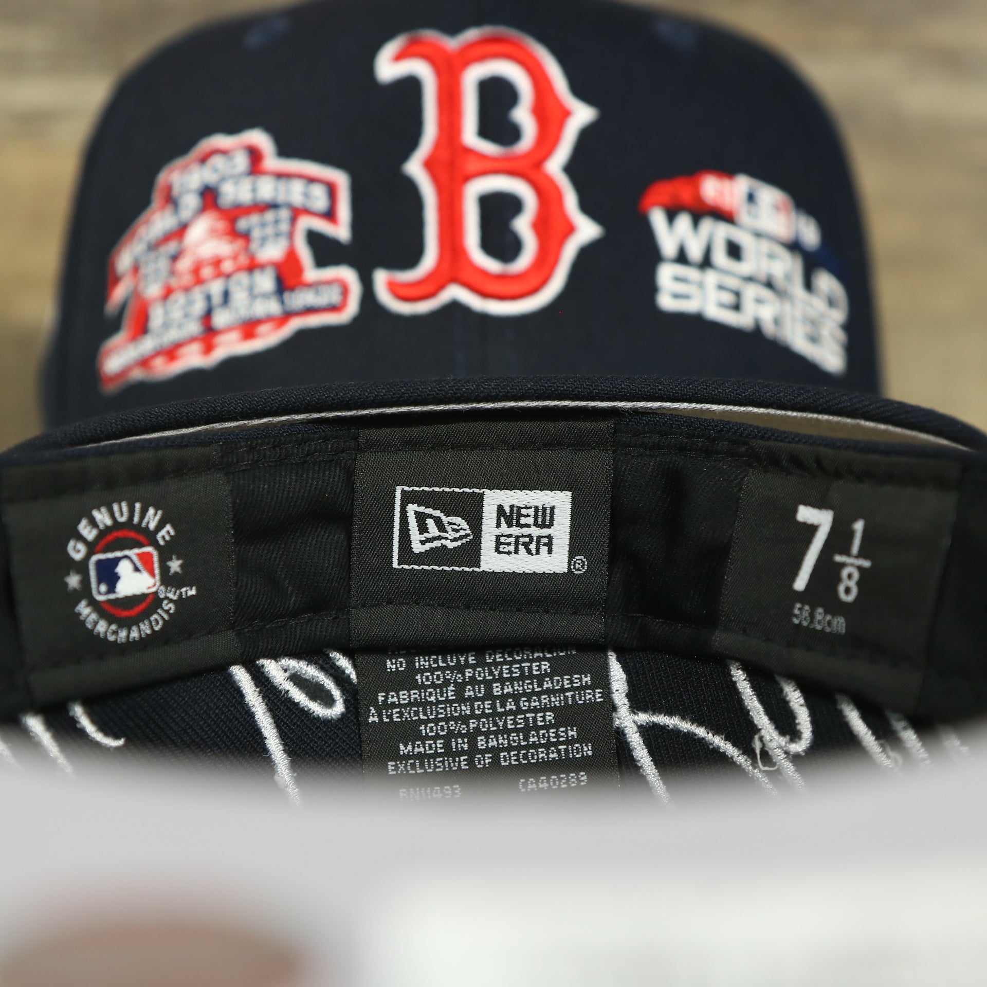 MLB and new era label on the Boston Red Sox Cooperstown All Over Side Patch "Historic Champs" Gray UV 59Fifty Fitted Cap | Navy 59Fifty Fitted Cap