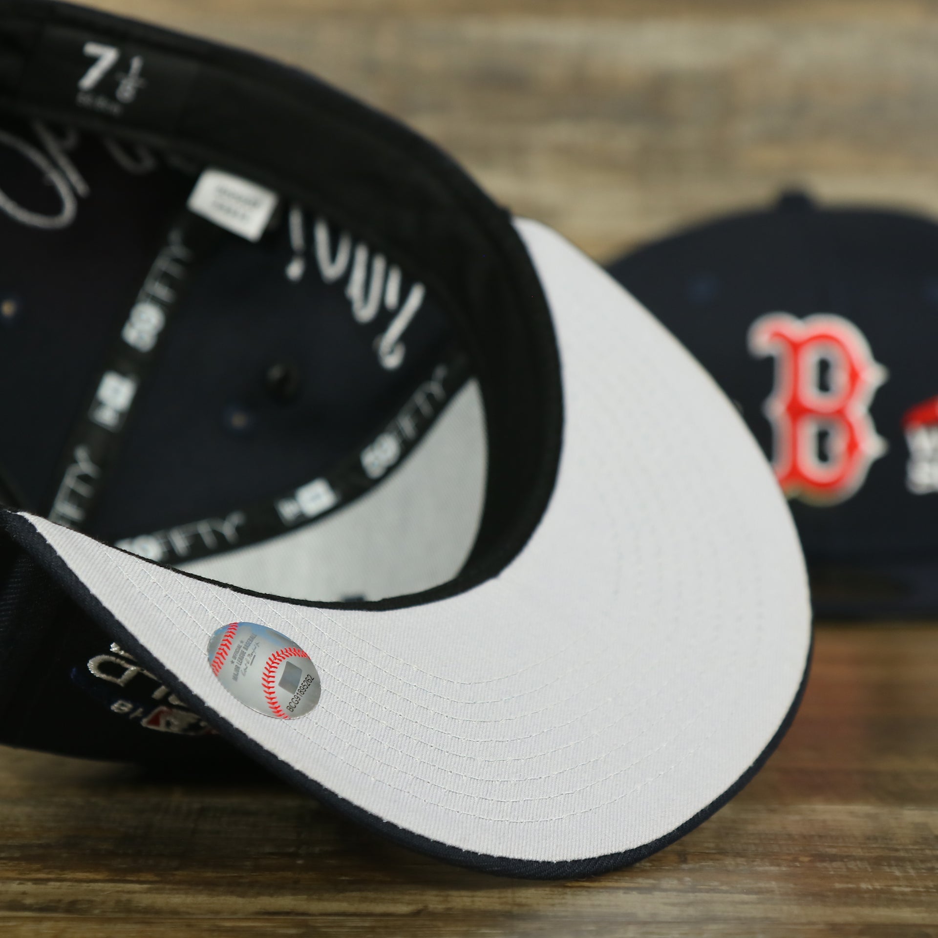 grey under visor of the Boston Red Sox Cooperstown All Over Side Patch "Historic Champs" Gray UV 59Fifty Fitted Cap | Navy 59Fifty Fitted Cap