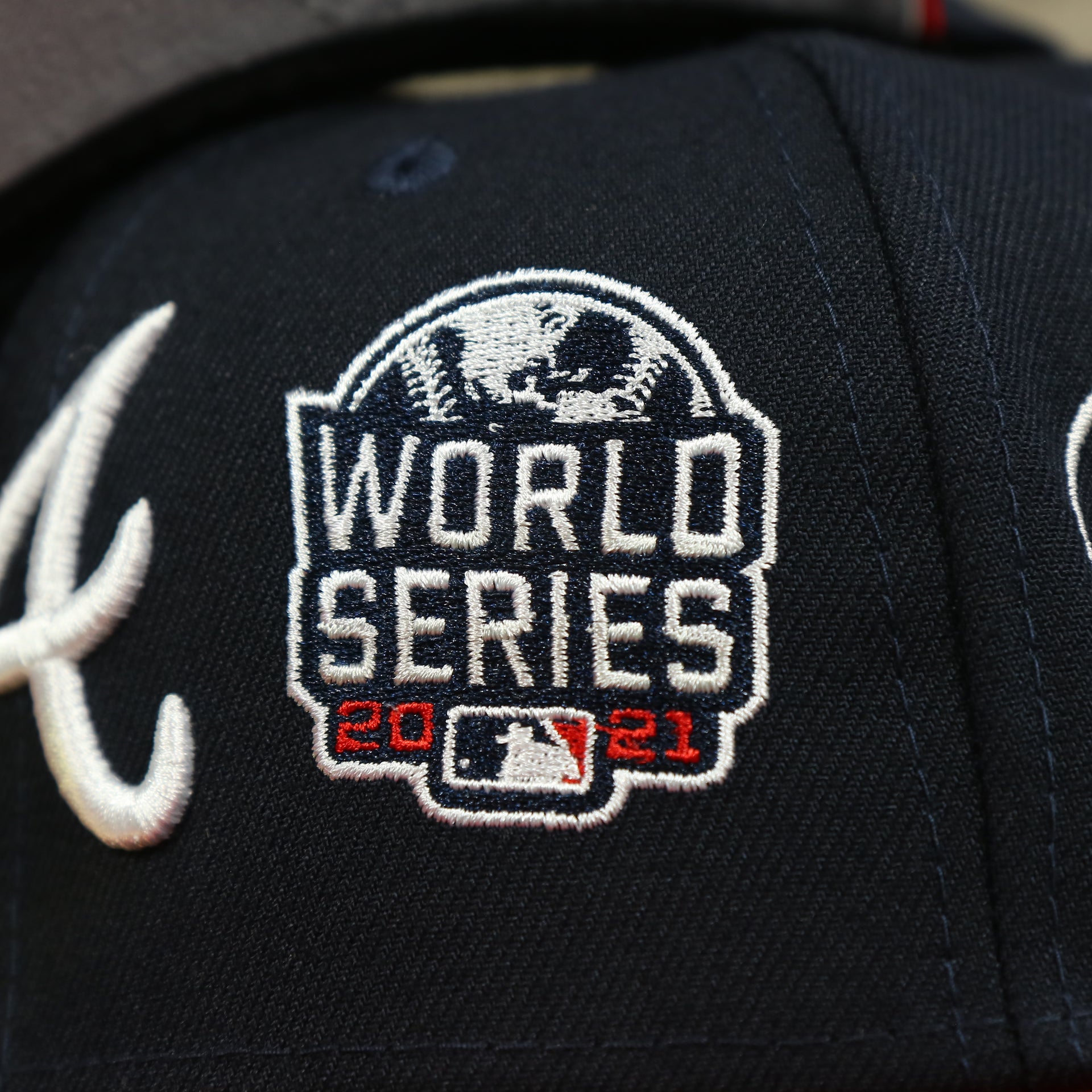 2021 world series patch on the Atlanta Braves Cooperstown All Over Side Patch "Historic Champs" Gray UV 59Fifty Fitted Cap | Navy 59Fifty Fitted Cap