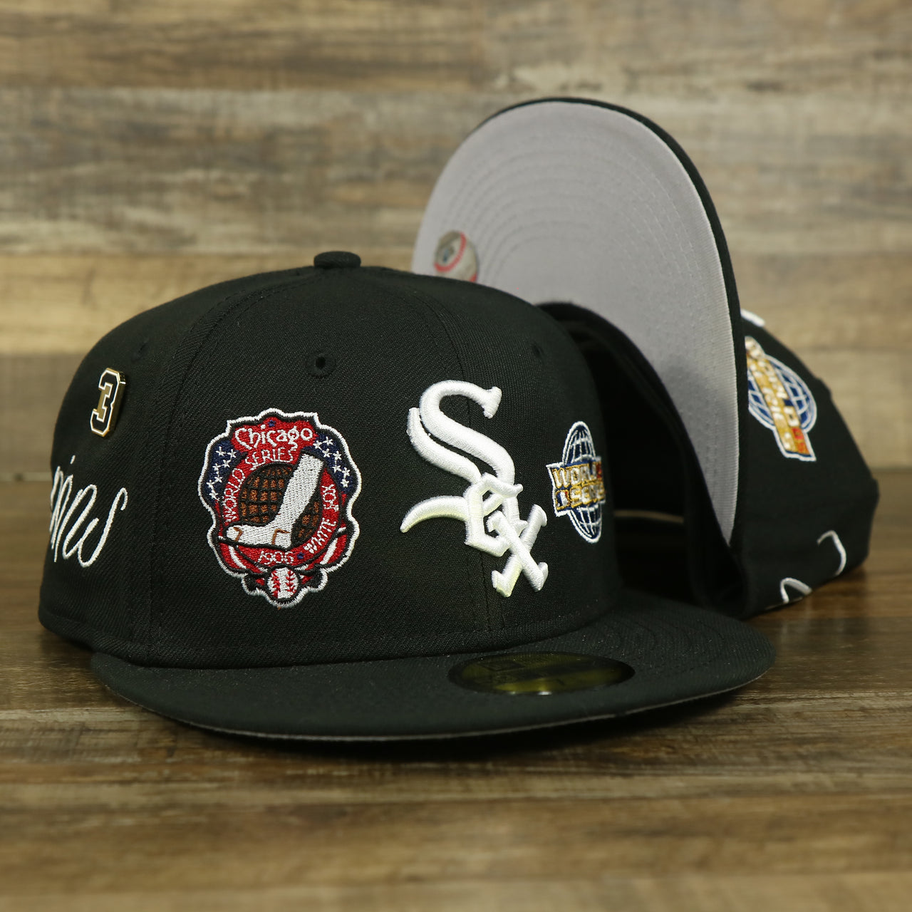 Chicago White Sox Cooperstown All Over Side Patch "Historic Champs" Gray UV 59Fifty Fitted Cap | Black 59Fifty Fitted Cap