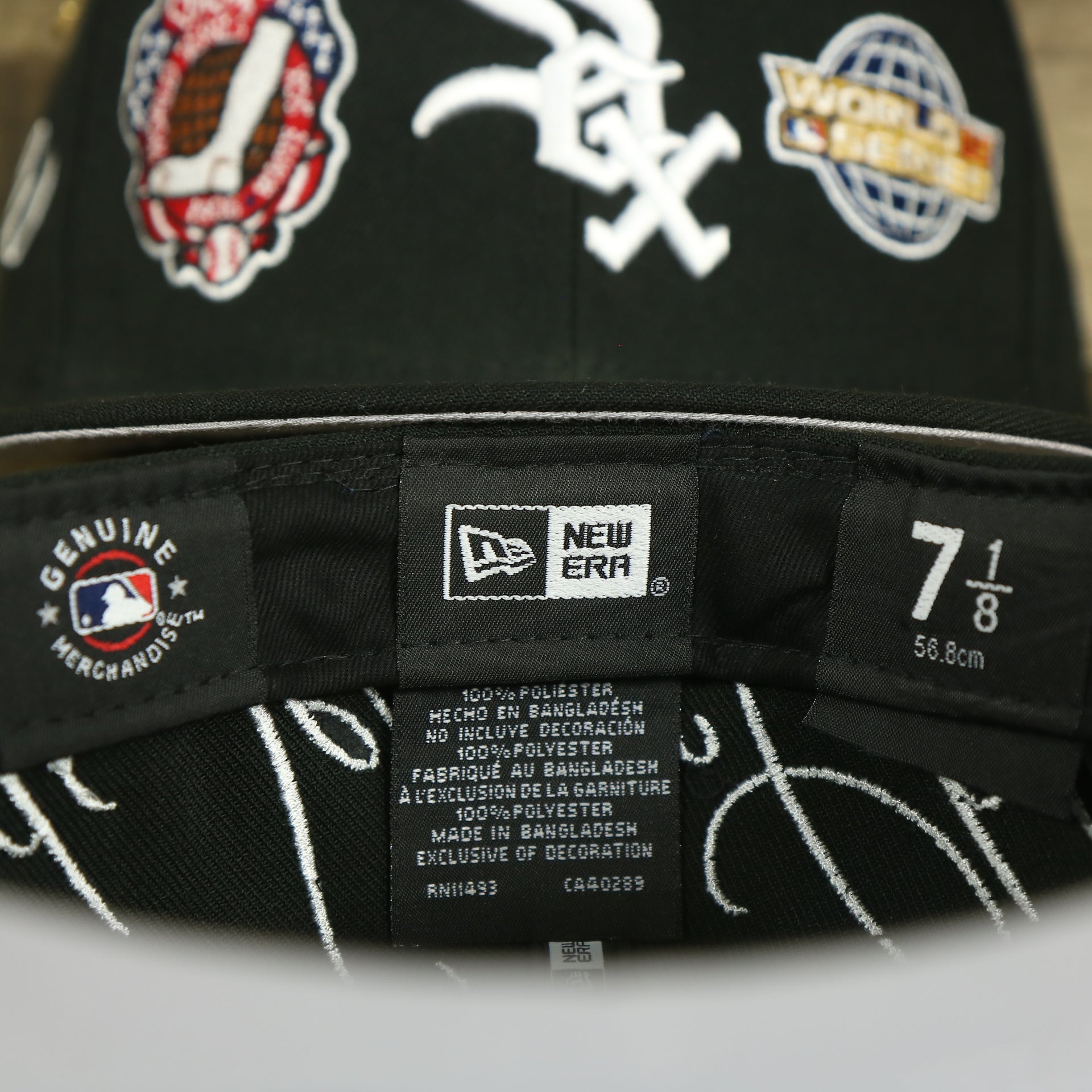 MLB and new era label on the Chicago White Sox Cooperstown All Over Side Patch "Historic Champs" Gray UV 59Fifty Fitted Cap | Black 59Fifty Fitted Cap
