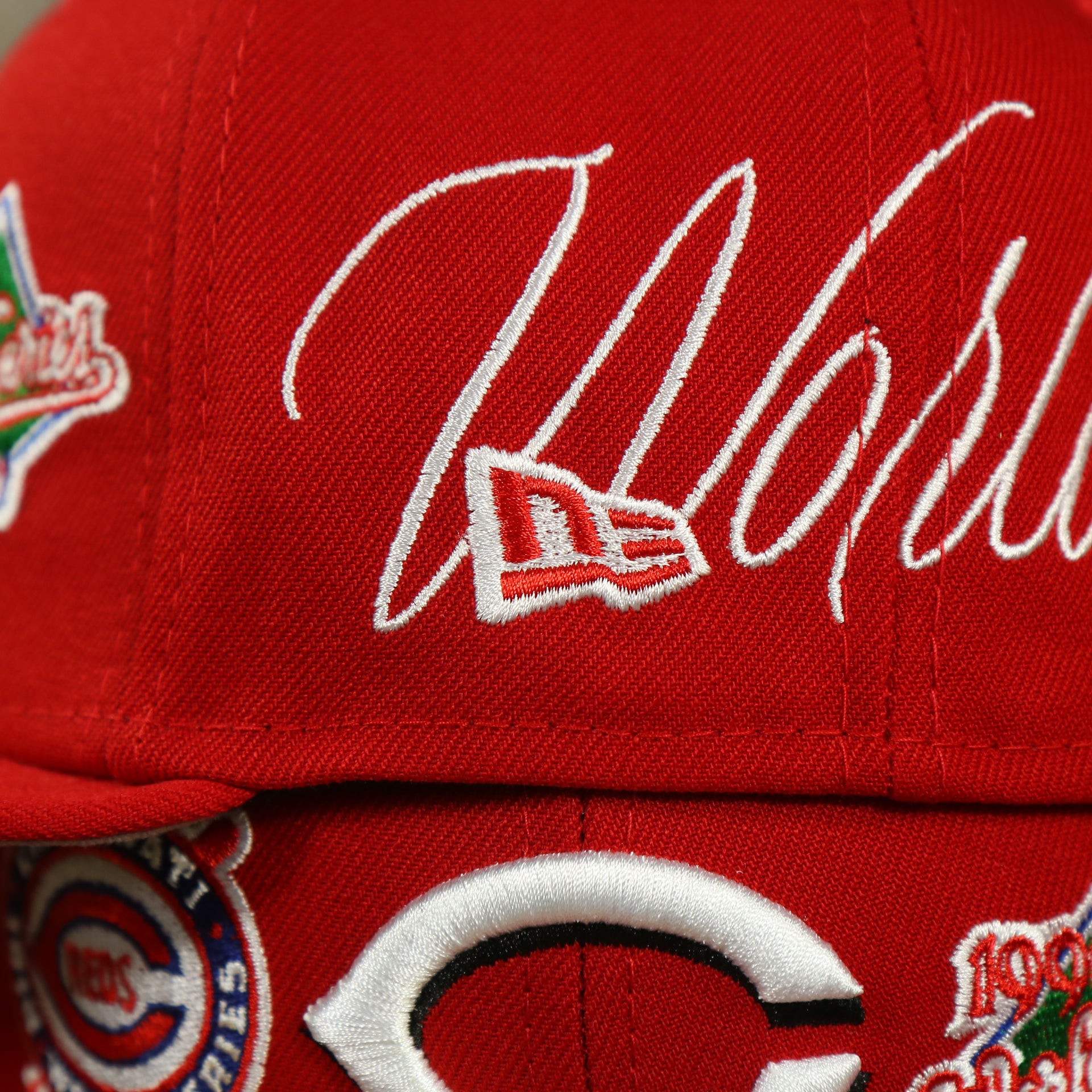 new era logo on the Cincinnati Reds Cooperstown All Over Side Patch "Historic Champs" Gray UV 59Fifty Fitted Cap | Reds 59Fifty Fitted Cap