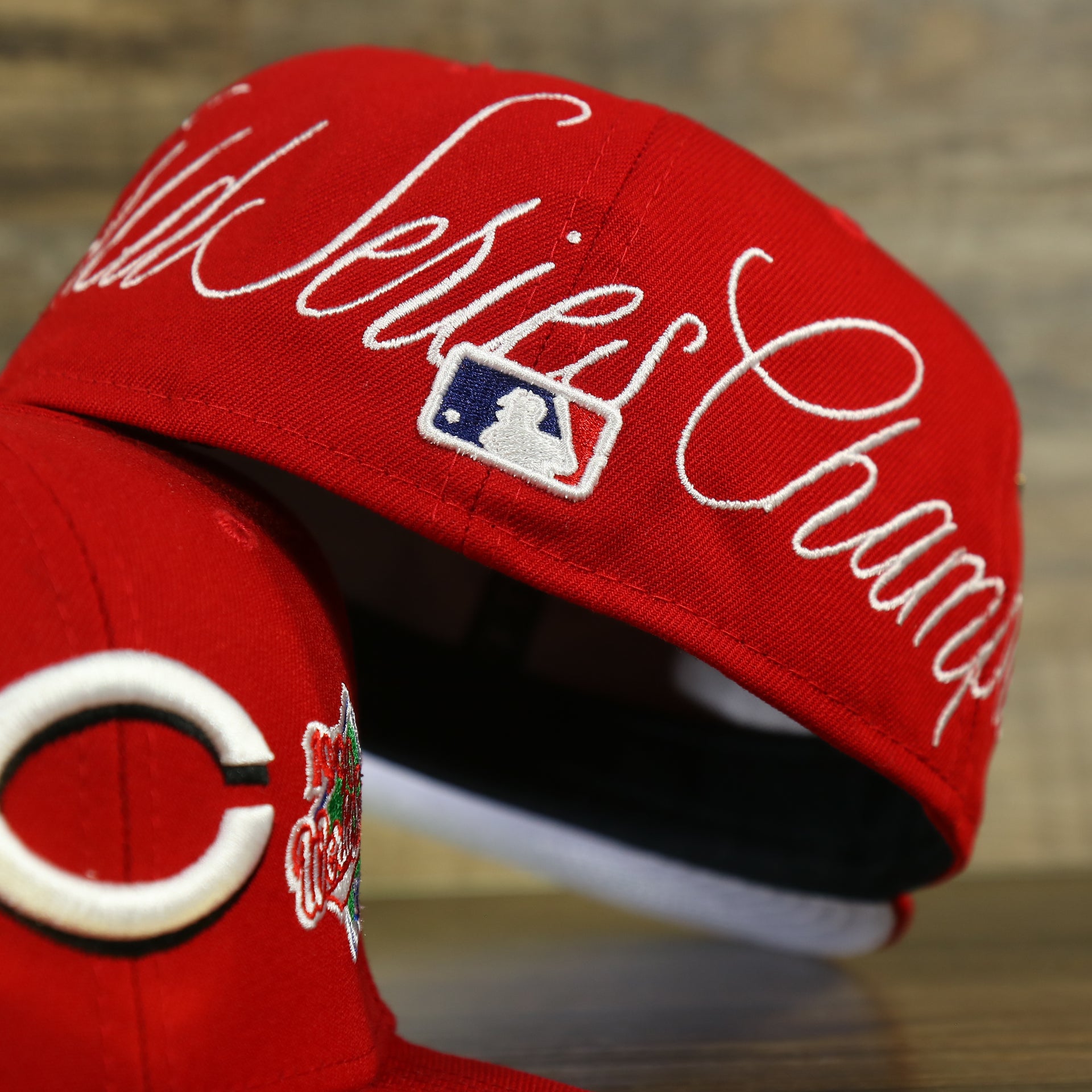 MLB logo on the Cincinnati Reds Cooperstown All Over Side Patch "Historic Champs" Gray UV 59Fifty Fitted Cap | Reds 59Fifty Fitted Cap