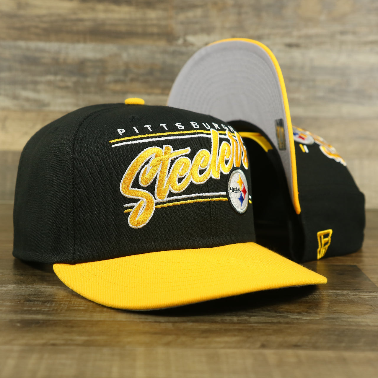 Pittsburgh Steelers "Team Script" College Bar 9Fifty Snapback Hat | Black/Yellow Steelers 950 Snap Cap