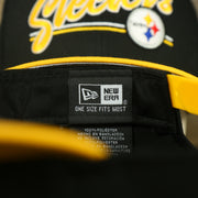 new era label on the Pittsburgh Steelers "Team Script" College Bar 9Fifty Snapback Hat | Black/Yellow Steelers 950 Snap Cap