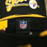 NFL label on the Pittsburgh Steelers "Team Script" College Bar 9Fifty Snapback Hat | Black/Yellow Steelers 950 Snap Cap