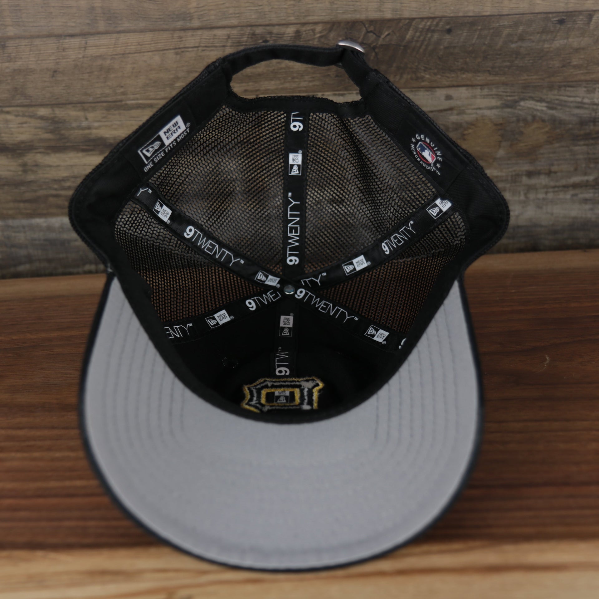 Grey under visor of the Pittsburgh Pirates 2022 MLB Batting Practice 9Twenty Trucker Dad Hat