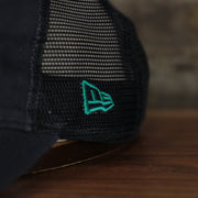 Close up of the New Era logo embroidered on the wearer's left of the Seattle Mariners 2022 MLB Batting Practice 9Twenty Trucker Dad Hat