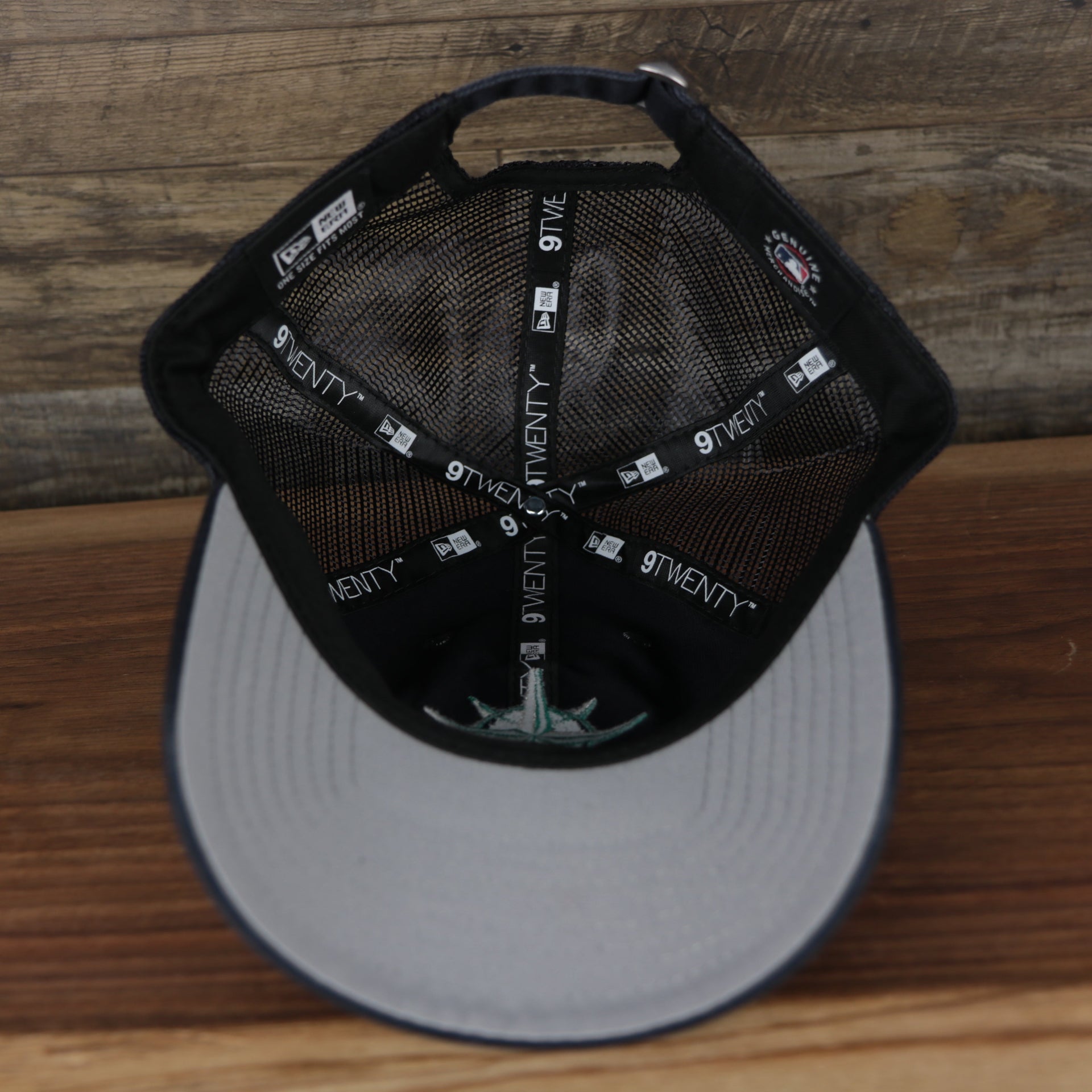 Grey under visor of the Seattle Mariners 2022 MLB Batting Practice 9Twenty Trucker Dad Hat