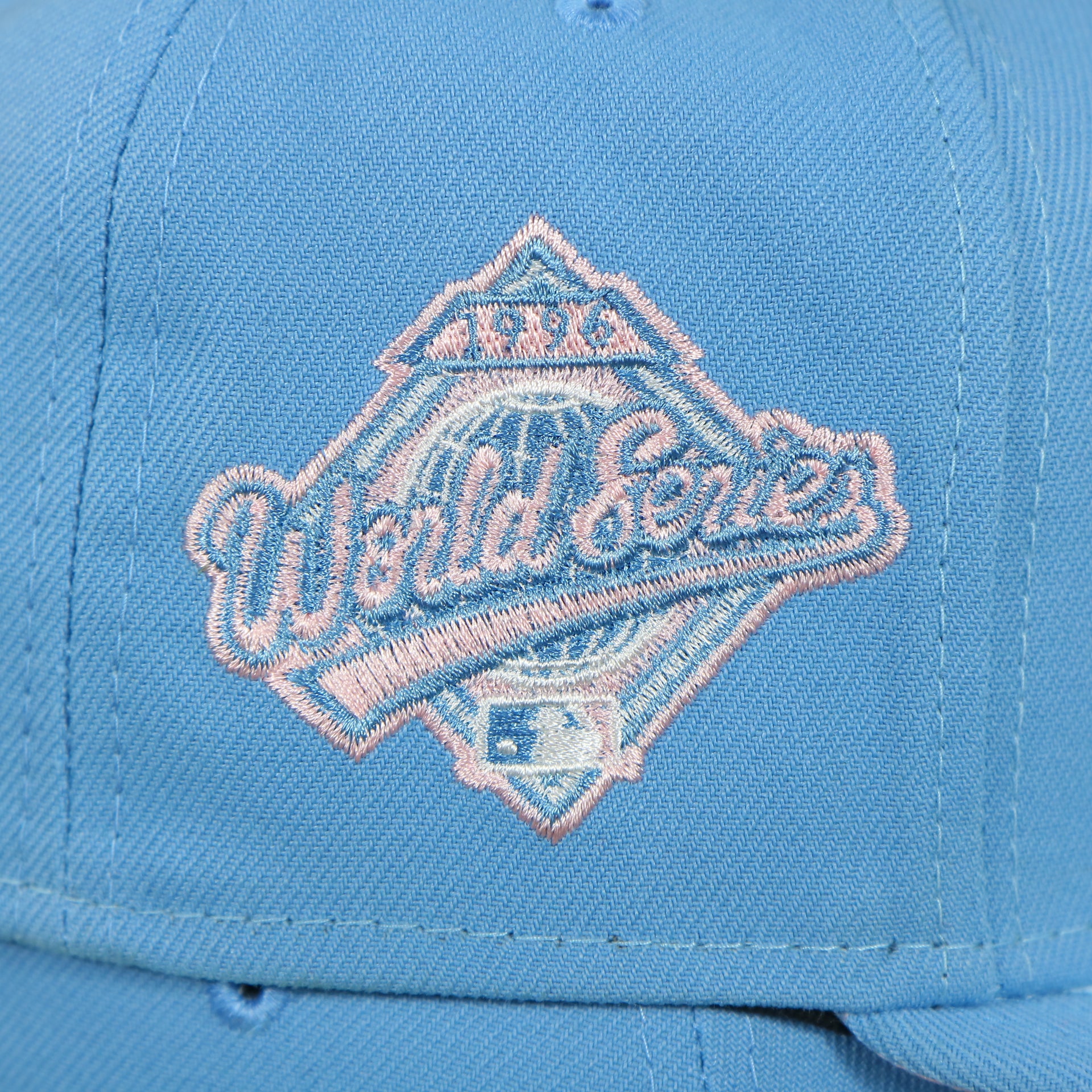 world series patch on the New York Yankees 1996 World Series Patch Pink Bottom 59Fifty Fitted Cap | Light Blue
