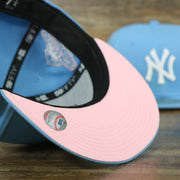 pink under visor on the New York Yankees 1996 World Series Patch Pink Bottom 59Fifty Fitted Cap | Light Blue
