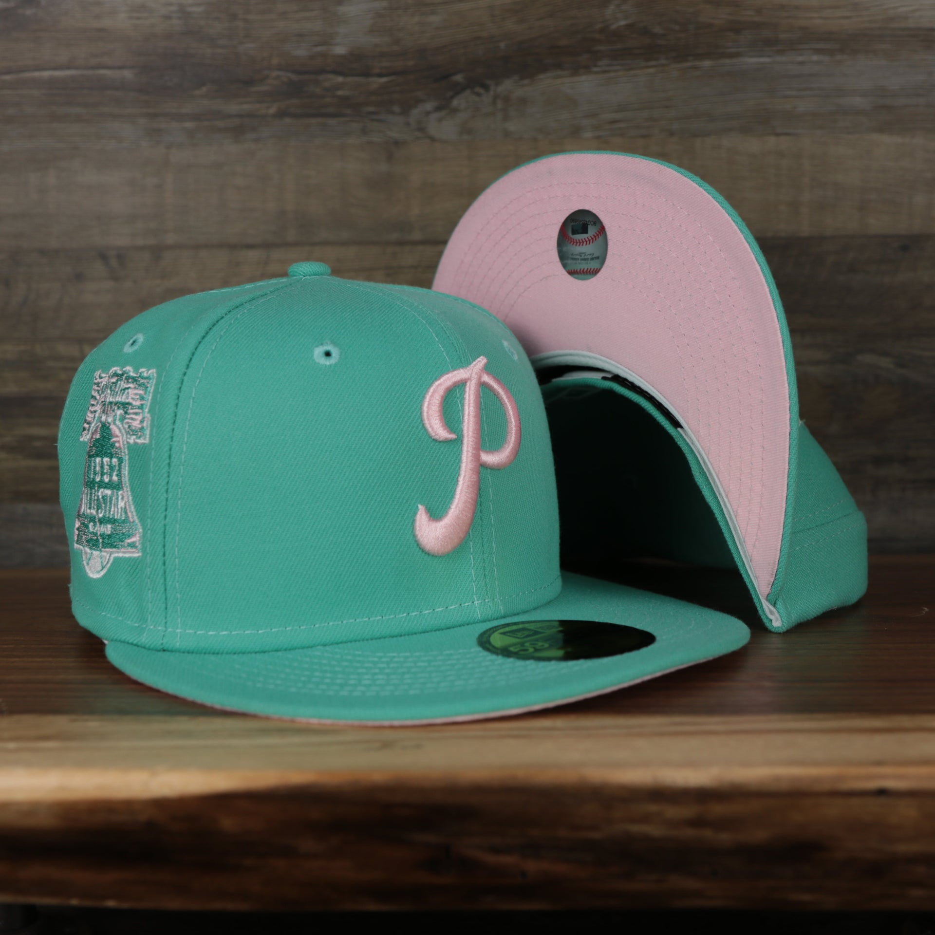 front and bottom of thee Philadelphia Phillies 1952 Allstar Game Side Patch Pink Bottom 59Fifty Fitted Cap | Mint