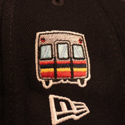 Close up of subway car patch on the Atlanta Braves City Transit All Over Side Patch Gray Bottom 59Fifty Fitted Cap