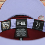 mlb and new era label on the Cooperstown Philadelphia Phillies Pop Sweat Pastel World Series Side Patch Fitted Cap With Purple Undervisor | Maroon 59Fifty Cap